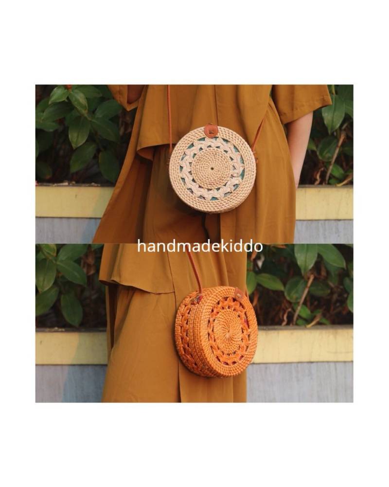 Sale Bali Double Braid Runde Rattan Tasche, Handgewebte Ata Gras Strohtasche, Boho Sommer & Herbst Gewebte Strohtasche | Braun Und Weiß von handmadekiddo