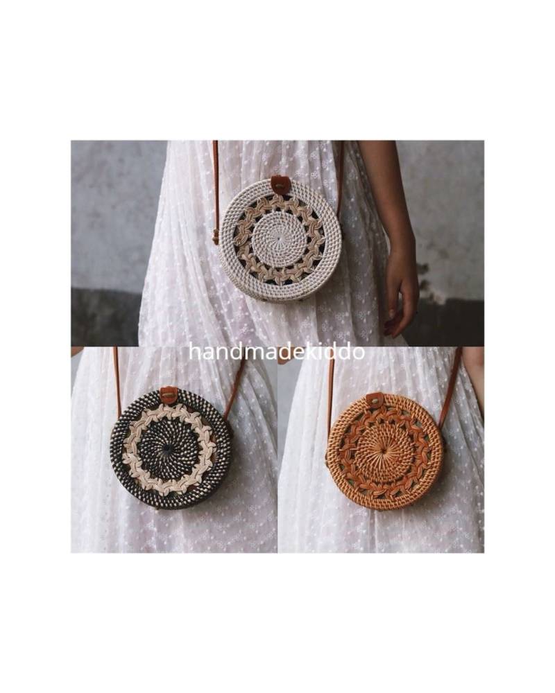 Sale Bali Zopf Rund Rattan Tasche, Handgewebte Ata Gras Strohtasche, Boho Sommer & Herbst Gewebte Frauen | Braun Und Weiß von handmadekiddo