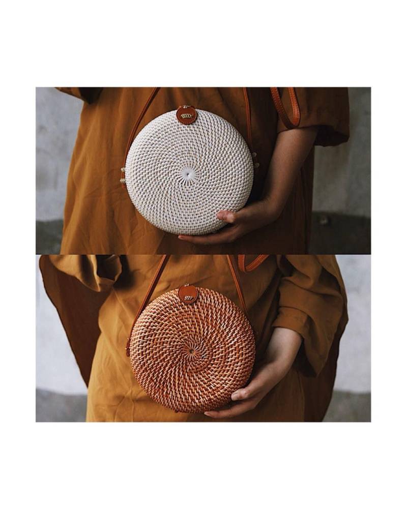 Sale Neue Runde Rattan Tasche, Handgewebte Ata Grass Strohtasche, Boho Frauen Handgemachte Gewebte Strohtasche | Weiß Und Braun, 20 cm von handmadekiddo