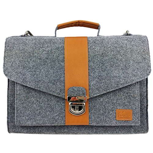 Venetto Businesstasche Umhängetasche Aktentasche Arbeitstasche Handtasche Herren Damen Unisex Filztasche Tasche aus Filz mit Schultergurt mit Echtleder-Applikationen (Grau) von Venetto