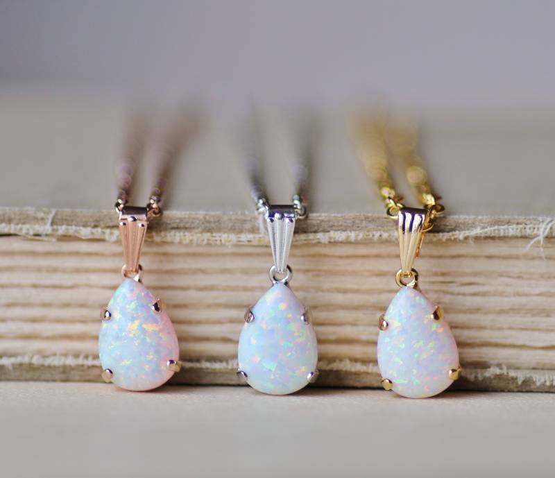 Neue Himmelblaue Oder Weiße Opal-Anhänger-Halskette, Kleiner Birnen-Träne, Echter Opal-Edelstein, Oktober Geburtsstein, Roségold, Gold, Silber von hangingbyathread1