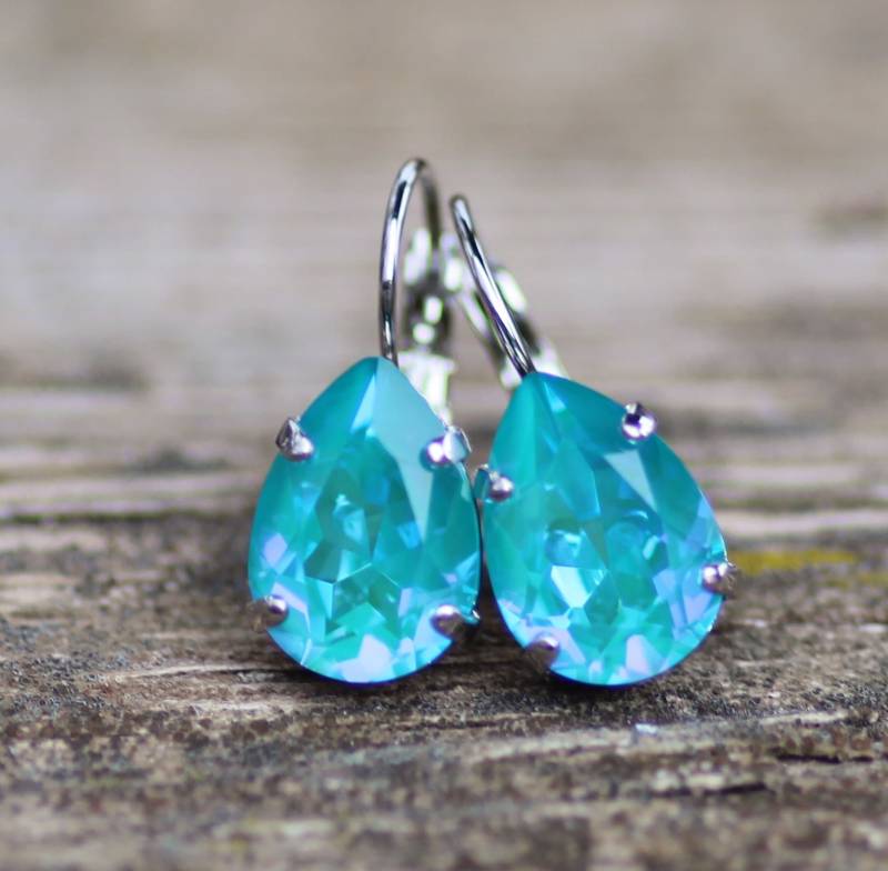 Neue Swarovski Laguna Blau Grün Birne Tropfen Ohrringe, Tropfenohrring, Türkis Strass Brautschmuck, Hochzeiten, Teardrop, Hebel von hangingbyathread1
