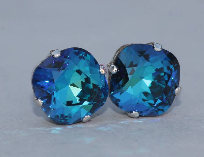 Swarovski Bermuda Blau Kissen Strass Ohrstecker, Swarovski Ohrstecker, Grün, Abgerundetes Quadrat Post, Silber, Gold, Brautjungfern, Hochzeiten von hangingbyathread1