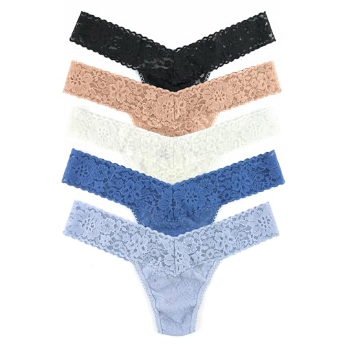 Hanky Panky Daily Lace low Rise Thong - Unterhosen Damen im Elastischen Spitze, 5 Stück, Tanga Damen mit Niedriger Taille - Unterwäsche Frauen Set und Slip Damen aus Baumwolle und Nylon, Einheitsgröße von hanky panky