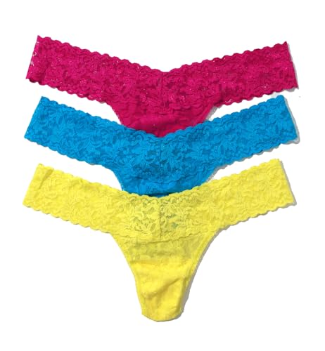 hanky panky, Signature Lace Low Rise Tanga, 3er-Pack, Einheitsgröße für 35-40, Still Blooming (Blumen)/Venezianisches Rosa/Fidschi-Blau/Zitrus-Punsch, Einheitsgröße von hanky panky