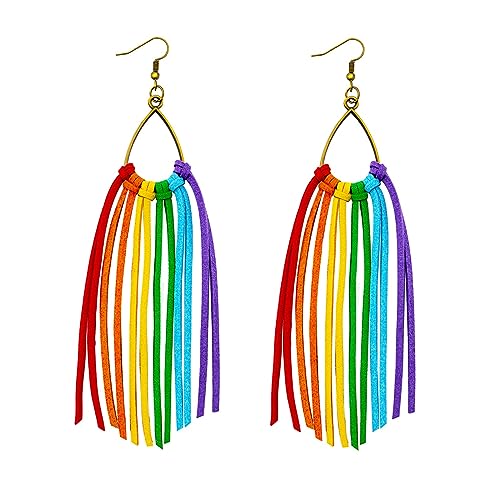 haolry Sommer-Boho-Strand-Fransenohrringe für Damen, handgefertigt, Leder, baumelnde Ohrringe, Türkis, Statement-Quasten-Ohrringe, baumelndes Schmuck-Set, Regenbogenfarben von haolry