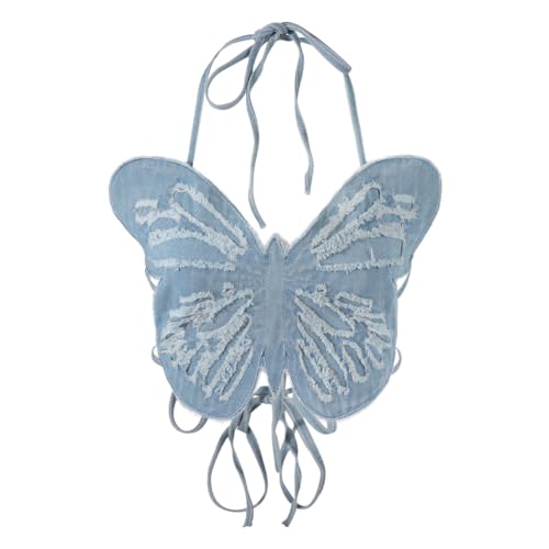 Schmetterling Top Damen Bauchfreie Oberteile mit Neckholder Rückfrei Crop Tops Sommer Cropped Top V-Ausschnitt Camisole Tanktop Frauen Cropshirt Club Ärmellose Mode Tank-Tops für Tanz Strand Party von haozaikeji