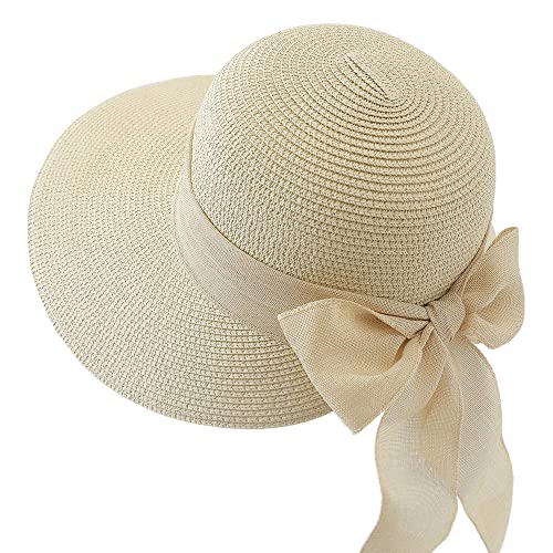 Stroh Damen Hut Strand Sonnenhut UV Schutz Strohhut Frauen Sommer Strandhut mit Schleife Atmungsaktiv Sommerhut Outdoor Sun Visor Hüte Krempe Schlapphut Schirm Verstellbar Outdoorhut für Urlaub von haozaikeji