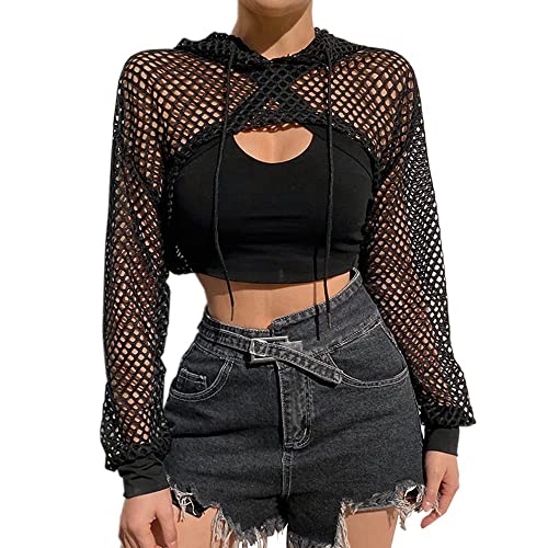 Damen Bauchfrei Crop T-Shirt Langarm Tops Casual Frauen Cropshirt Mesh T-Shirt mit Kapuze Sport Oberteile Netz Langarmshirt Sommer Cropped Top Mode Cropshirt für Party Strand Urlaub von haozaikeji