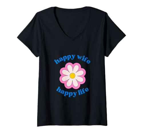 Damen glückliche Frau Clappy Life T-Shirt mit V-Ausschnitt Damen glückliche Frau Clappy Life T-Shirt mit V-Ausschnitt von happy wife happy life flower power