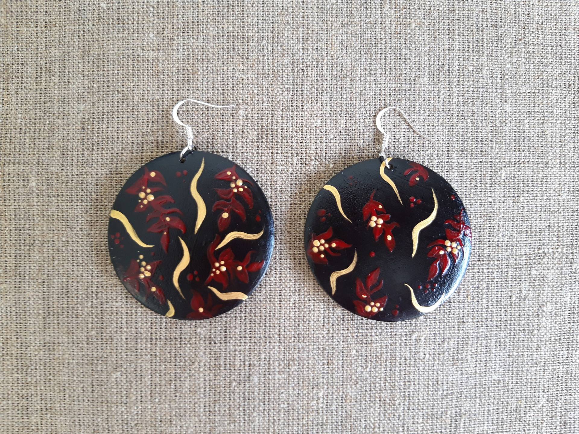 Holzohrringe, Handbemalter Schmuck, Holzschmuck, Bemalte Ohrringe, Runde Boho Rustikale Schwarze Ohrringe von happyWJ