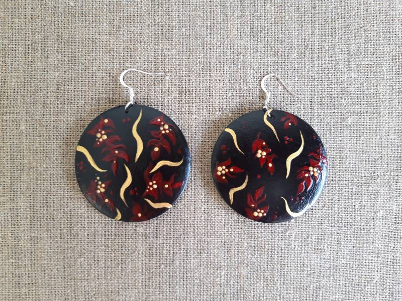 Holzohrringe, Handbemalter Schmuck, Holzschmuck, Bemalte Ohrringe, Runde Boho Rustikale Schwarze Ohrringe von happyWJ