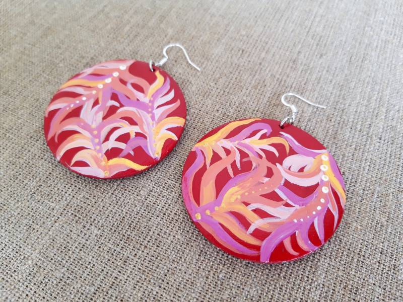 Holzohrringe Farbe, Runde Ohrringe, Boho Rustikale Ohrringe Blätter, Holzohrringe, Handbemalte Schmuckstücke, Holzschmuck von happyWJ