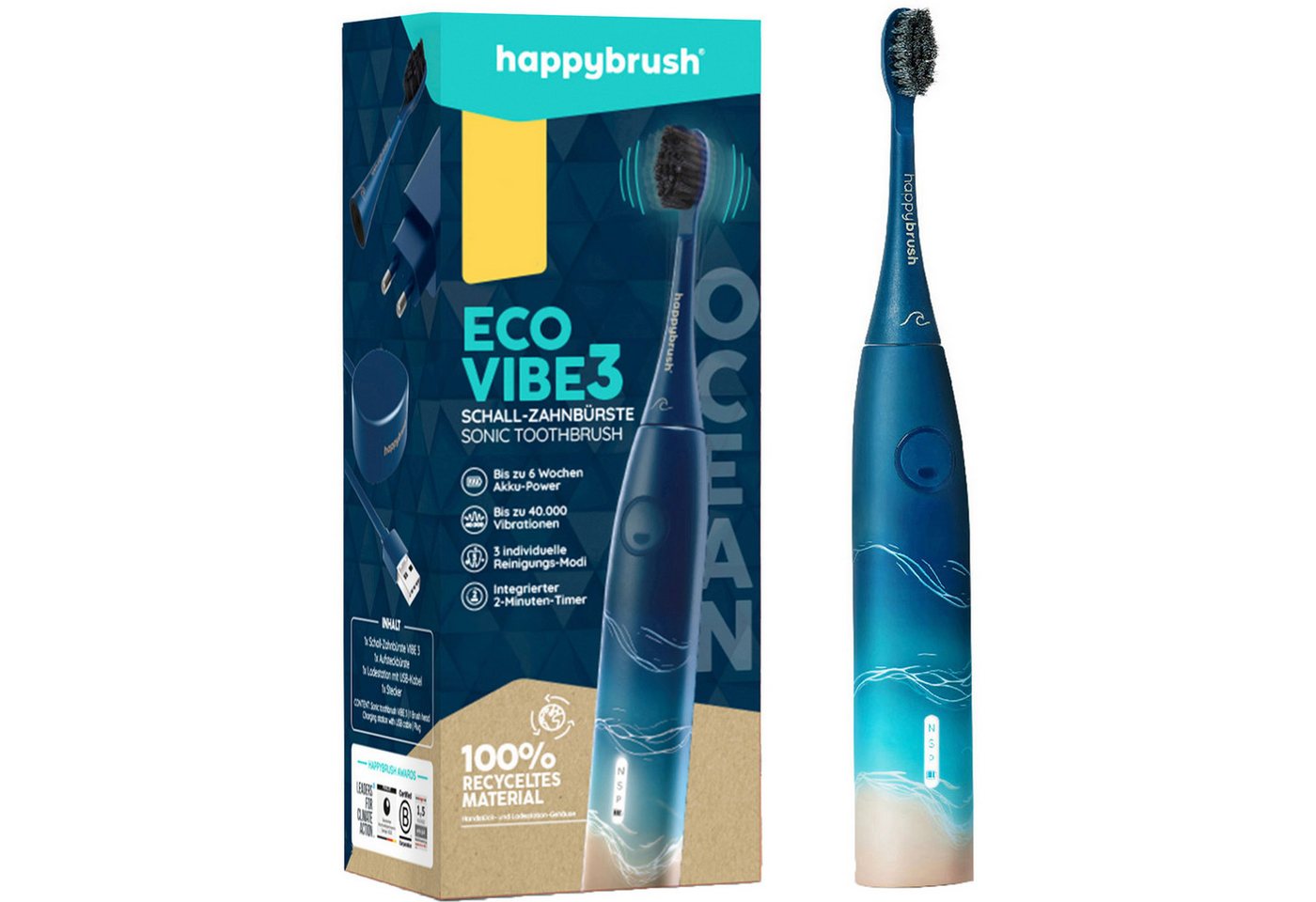 happybrush Elektrische Zahnbürste happybrush StarterKit Schall Eco VIBE 3 Ocean von happybrush