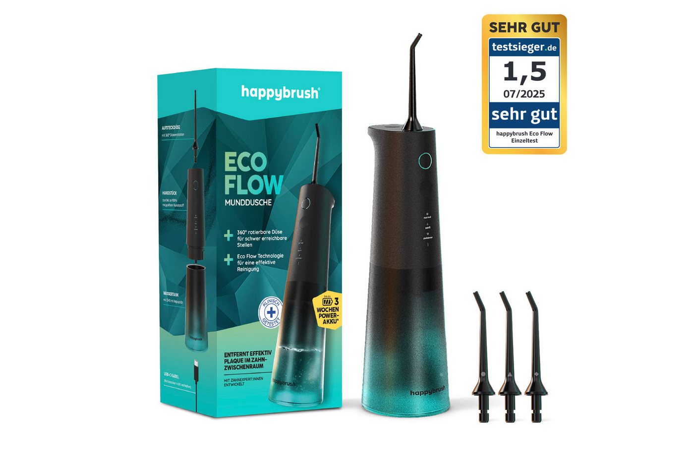 happybrush Munddusche Eco Flow Set, Aufsätze: 2 St., 240ml Wassertank, hochwertigen TripleBorsten von happybrush