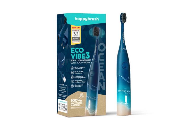 happybrush Schallzahnbürste Eco VIBE 3 Ocean Einzelpack, Aufsteckbürsten: 1 St., Eco Vibe 3, 3 individuelle Putz-Modi, Schalltechnologie von happybrush