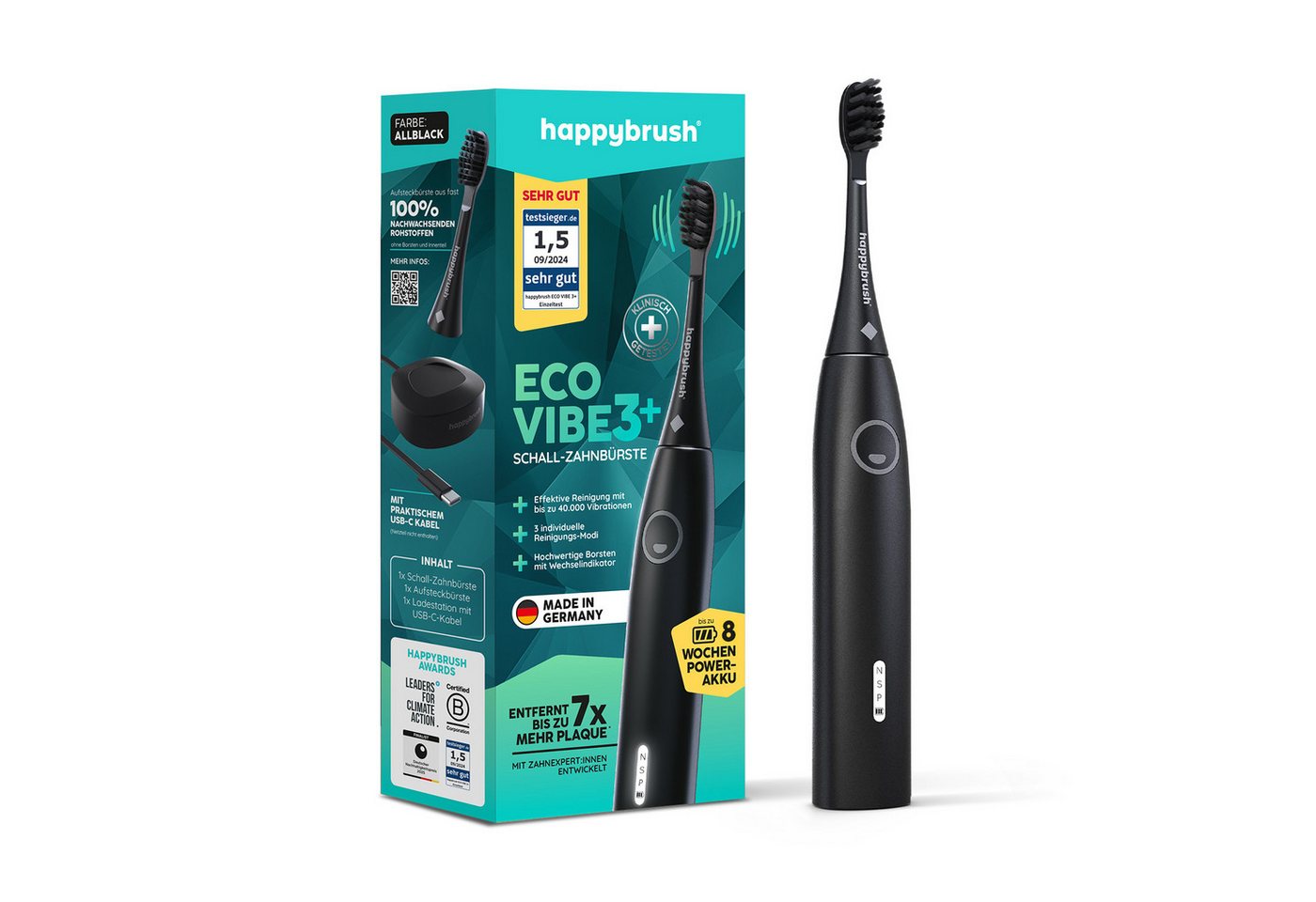 happybrush Schallzahnbürste Eco Vibe 3+ AllBlack, Aufsteckbürsten: 1 St., Eco Vibe 3+, 3 individuelle Putz-Modi, Schalltechnologie von happybrush