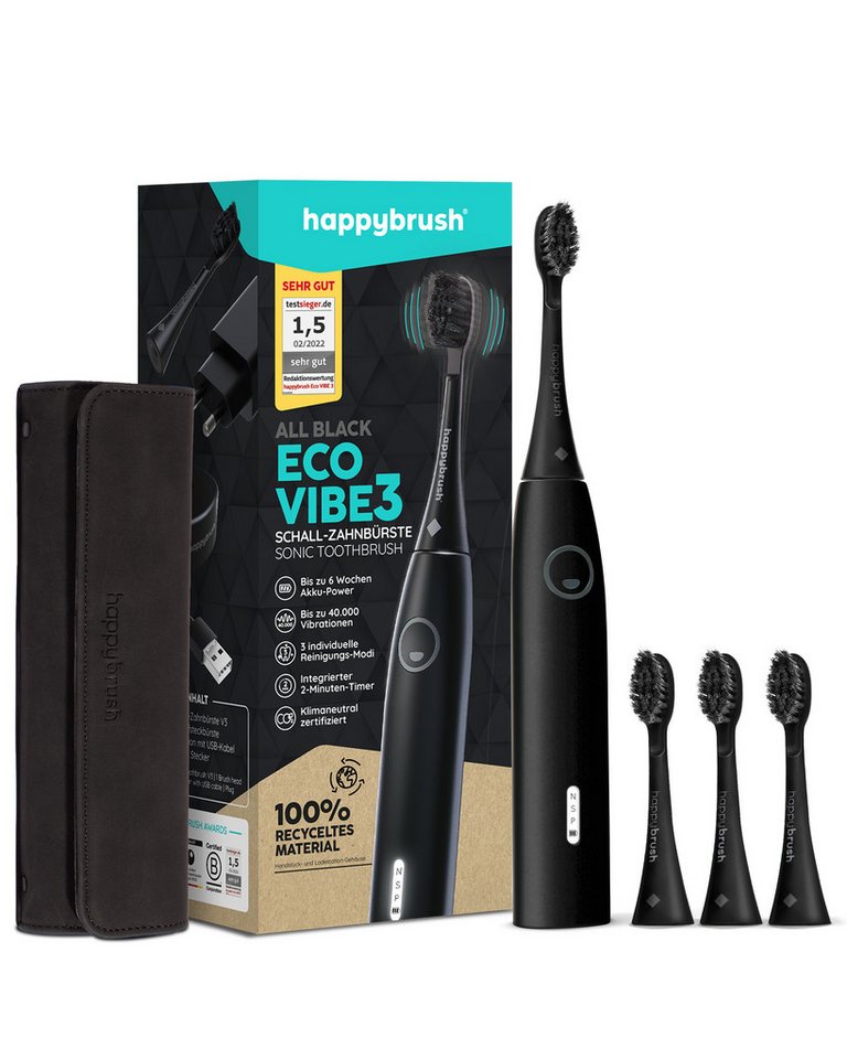 happybrush Schallzahnbürste Eco Vibe 3 AllBlack, Aufsteckbürsten: 4 St., Eco Vibe 3, 3 individuelle Putz-Modi, Schalltechnologie von happybrush