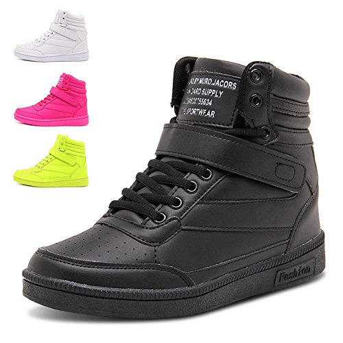 happygo! Damen Keilabsatz Sneakers Wedges Keilabsatz 10cm High Top Sneakers Stiefel Knöchel Klettverschluss Schwarz von happygo!