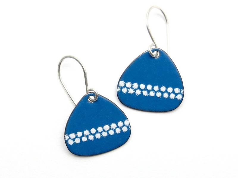 Blaue Tropfen Ohrringe Mit Weißen Pünktchen - Emaille Ohrhänger in Teardrop Form Sterling Silber Ohrhaken von happyment
