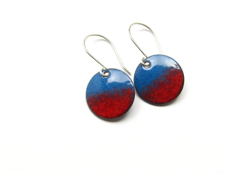 Rote Und Blaue Emaille Ohrhänger - Scheiben Ohrringe Mit 925 Silber Haken Rote Und Blaue Emaille Ohrhänger - Scheiben Ohrringe Mit 925 Silber Haken von happyment