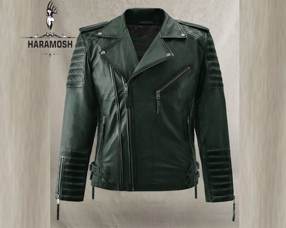 Herren Dunkelgrüne Gewachste Lammfell Lederjacke, Weihnachtsgeschenke, Biker Gothic Jacke, Halloween Geschenke, Winter 2022 von haramoshleather