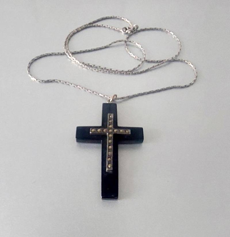 Art Deco Kreuz Antikes Vintage Schwarzes Bakelit Und Markasit & 925 Silber Halskette Geschenk Art Deco Kreuz Antikes Vintage Schwarzes Bakelit Und Markasit & 925 Silber Halskette Geschenk von hard2findstuff