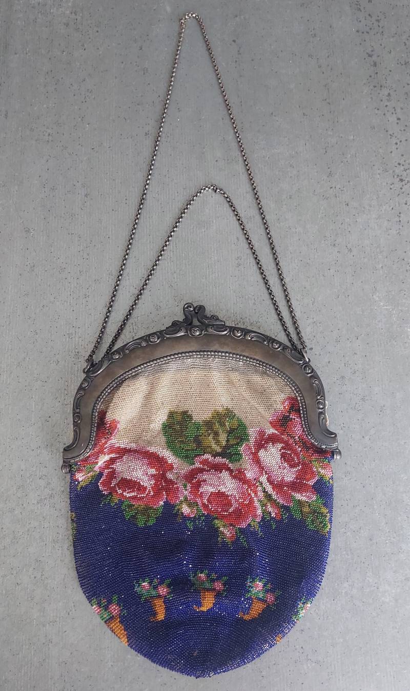 Antike Alpaka Silber Perlen Handtasche - Delfin Verschluss, Blumen Rosen von hard2findstuff