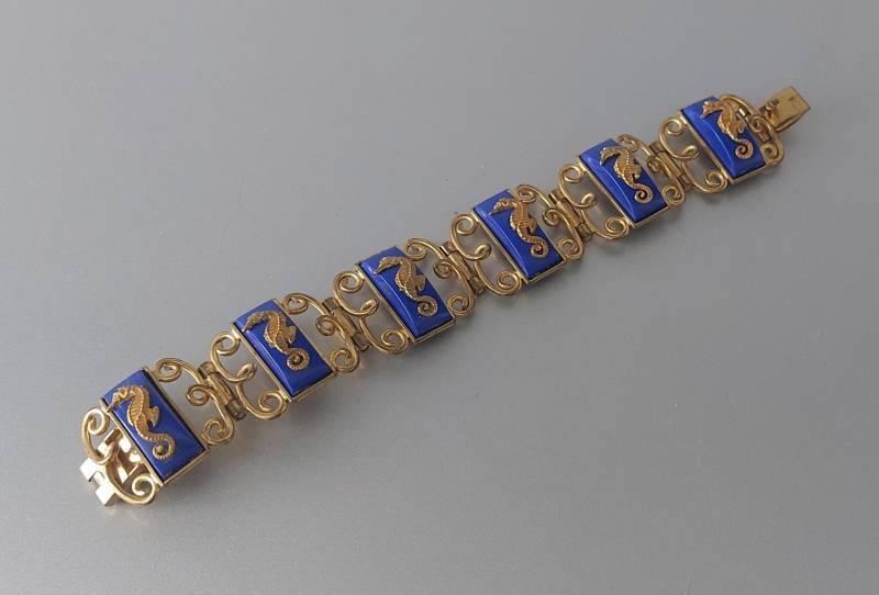 Seltenes Vintage Art Deco Armband Signiert J.p. Paris Made in France Jean Hippocampe Paintleve Blau Bakelit & Seepferdchen C 18 cm Oder 7 "Geschenk von hard2findstuff