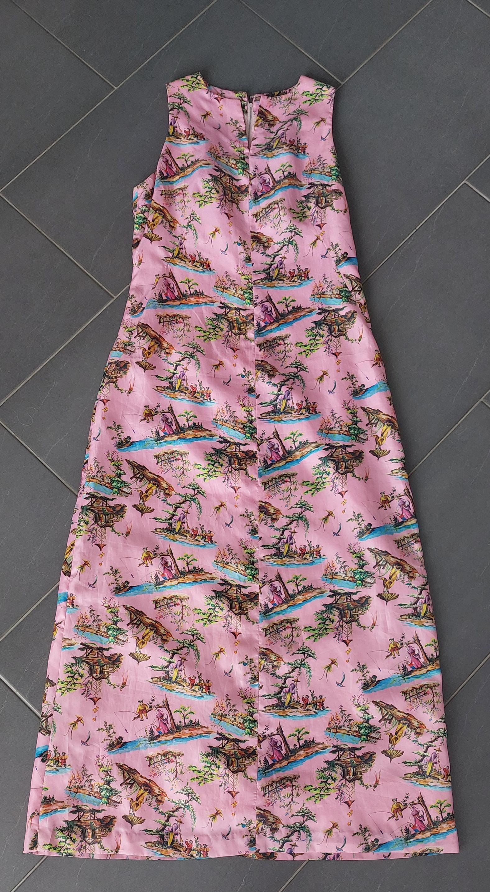 Vintage 1950Er Jahre Florida Chinoiserie Rosa Maxi Kleid Größe M-L Handgemacht von hard2findstuff