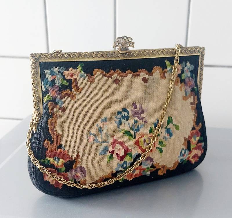 Vintage 2 Gesichter Gobelin Petit Point Handtasche Abendtasche 1930Er Jahre Blumen Design Geschenk von hard2findstuff