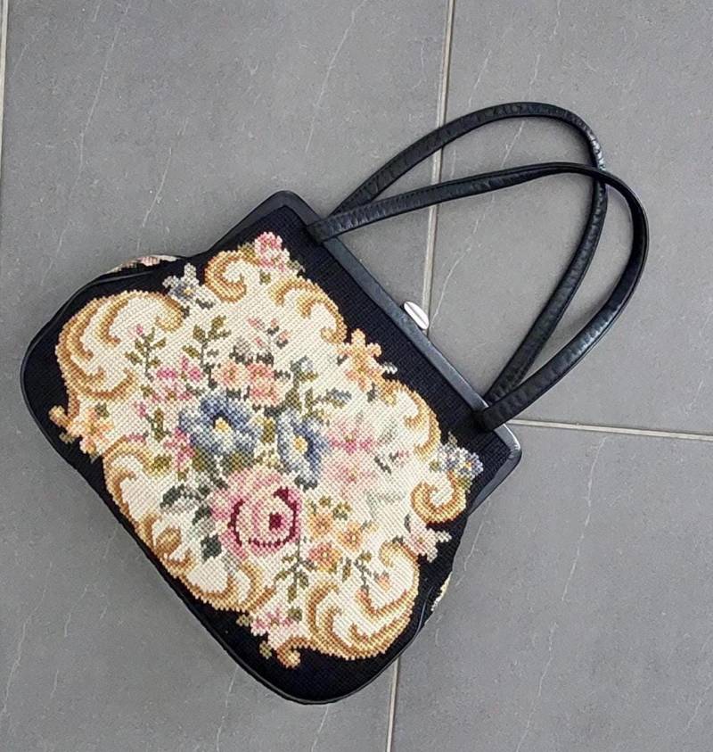Vintage Große Nadelspitze Handtasche Gobelin & Leder Futter Umhängetasche 1950Er Jahre Germany Geschenk von hard2findstuff