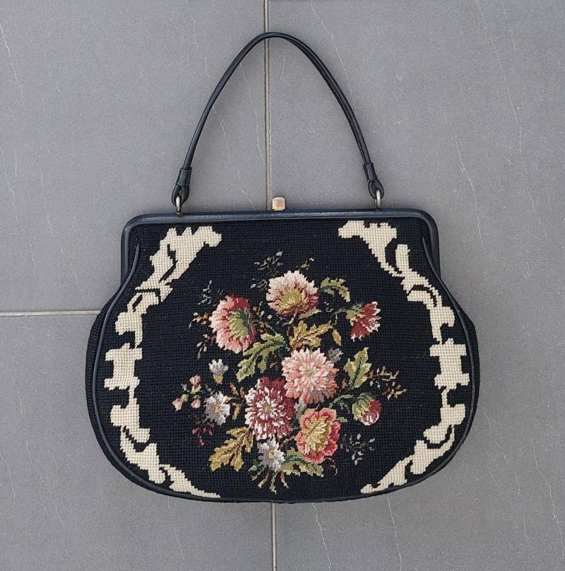 Vintage Große Nadelspitze Petit Point Handtasche Gobelin Schultertasche Leder Futter Geschenk 35 cm X 25 6 von hard2findstuff