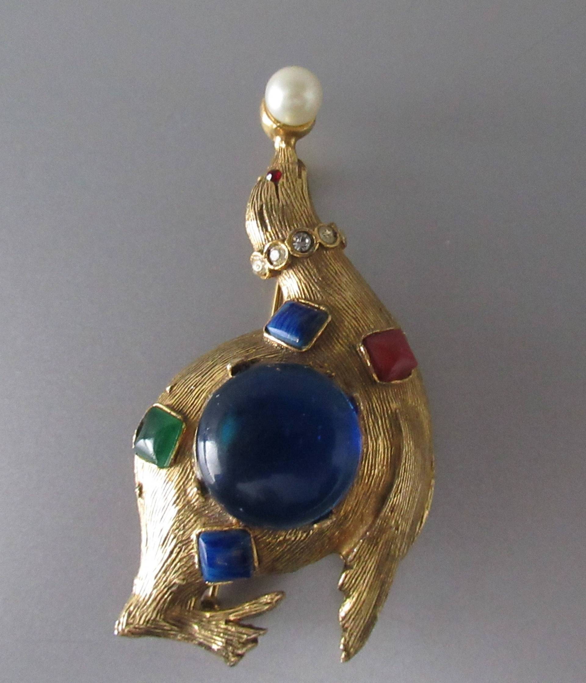 Vintage Jelly Belly Seehund Brosche Perlmutt Kugel Zirkus Anstecknadel von hard2findstuff