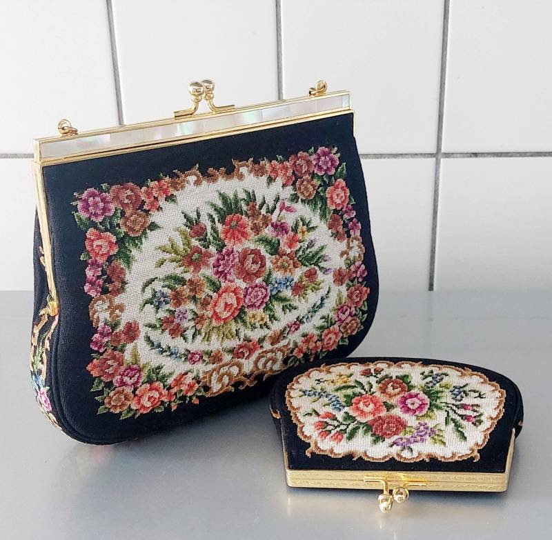 Vintage Micro Petit Point Set Handtasche & Geldbörse Perlmutt 1960S Unbenutzter Sehr Guter Zustand Geschenk von hard2findstuff