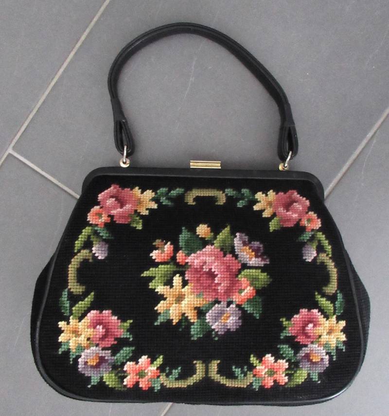 Vintage Nadelspitze Handtasche Bunte Große Schultertasche Gobelin Leder Futter Unbenutzt Geschenk von hard2findstuff