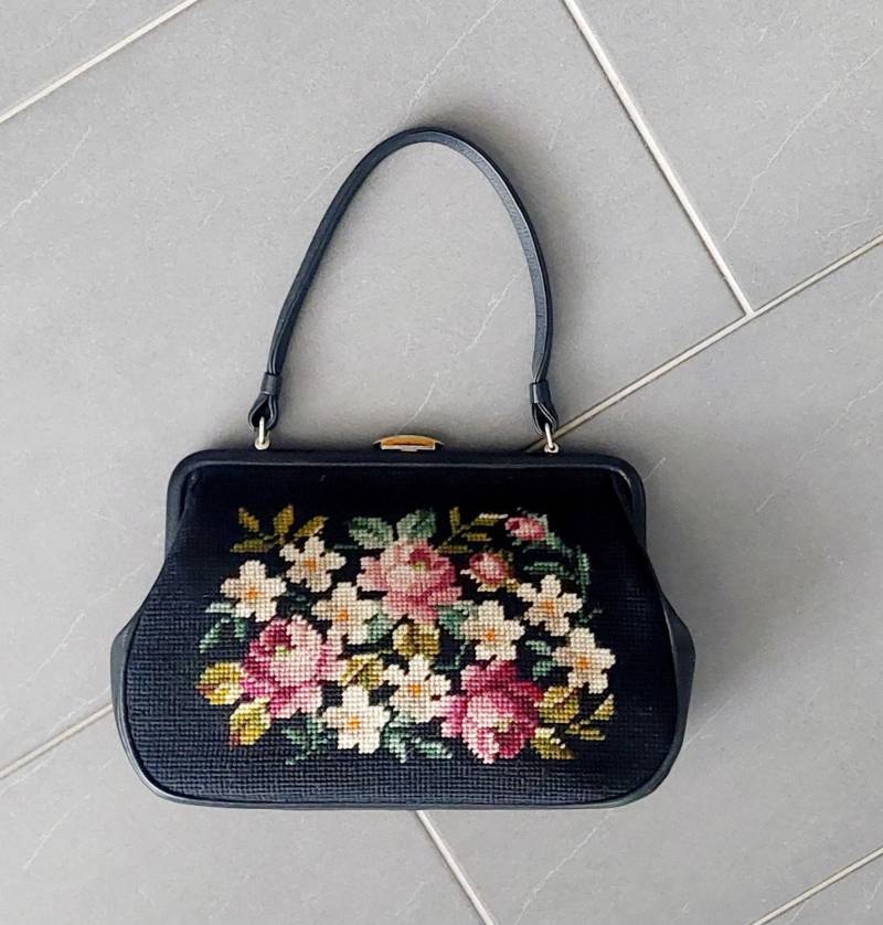 Vintage Nadelspitze Handtasche Schultertasche Gobelin 30 X 20 7 cm Cottagecore Geschenk von hard2findstuff