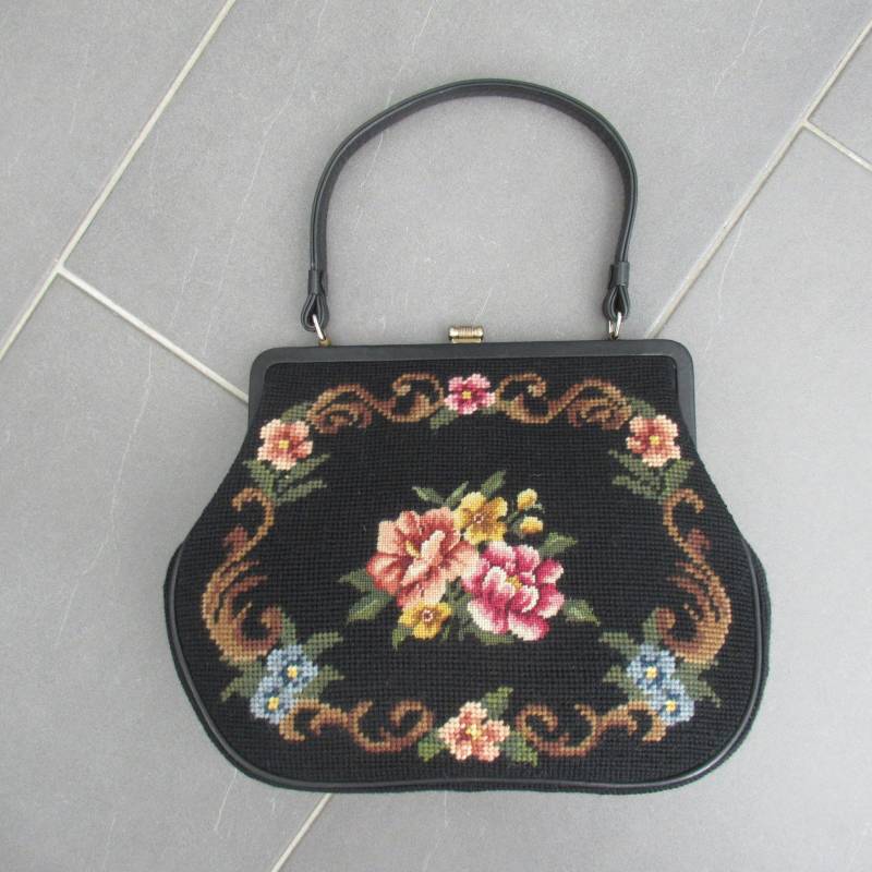 Vintage Nadelspitze Handtasche Schultertasche Gobelin Leder Futter 30 X 23 5 cm Perfekt Unbenutzt von hard2findstuff