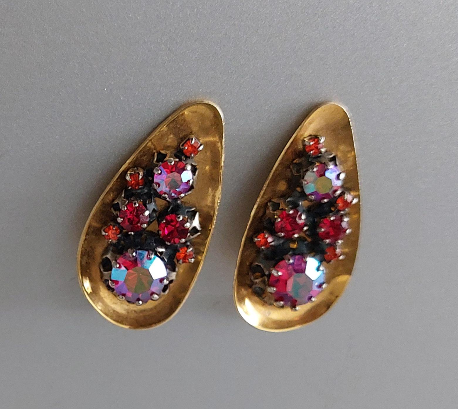 Vintage Ohrringe 1950Er Jahre Deutschland Goldfarben & Bunt Strass Geschenk von hard2findstuff