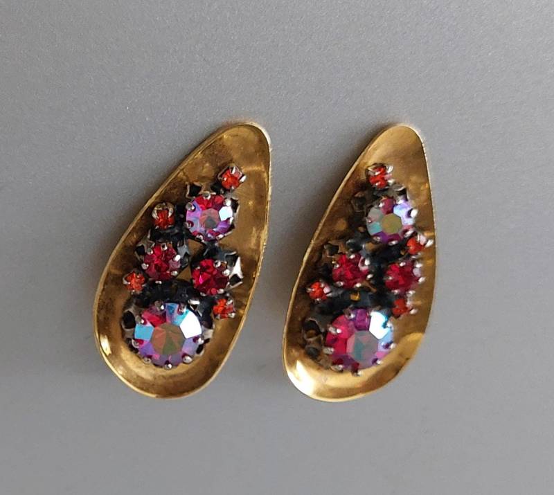 Vintage Ohrringe 1950Er Jahre Deutschland Goldfarben & Bunt Strass Geschenk von hard2findstuff