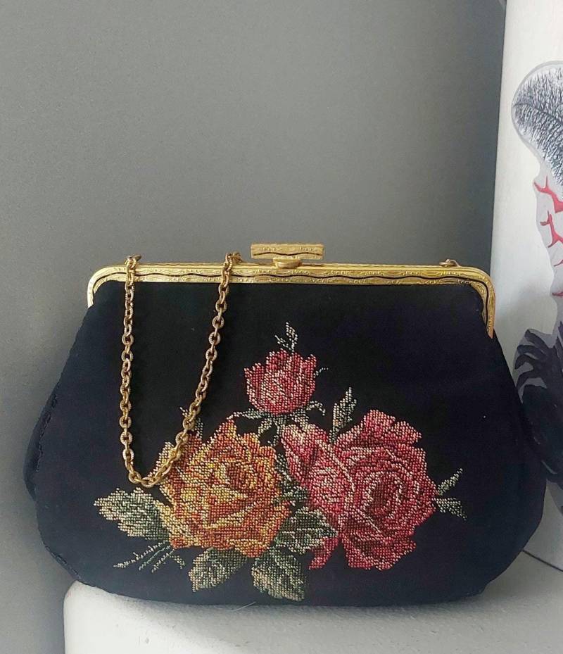 Vintage Petit Point Nadelspitze Handtasche Abendtasche 1950Er Jahre Rosen Design Geschenk von hard2findstuff