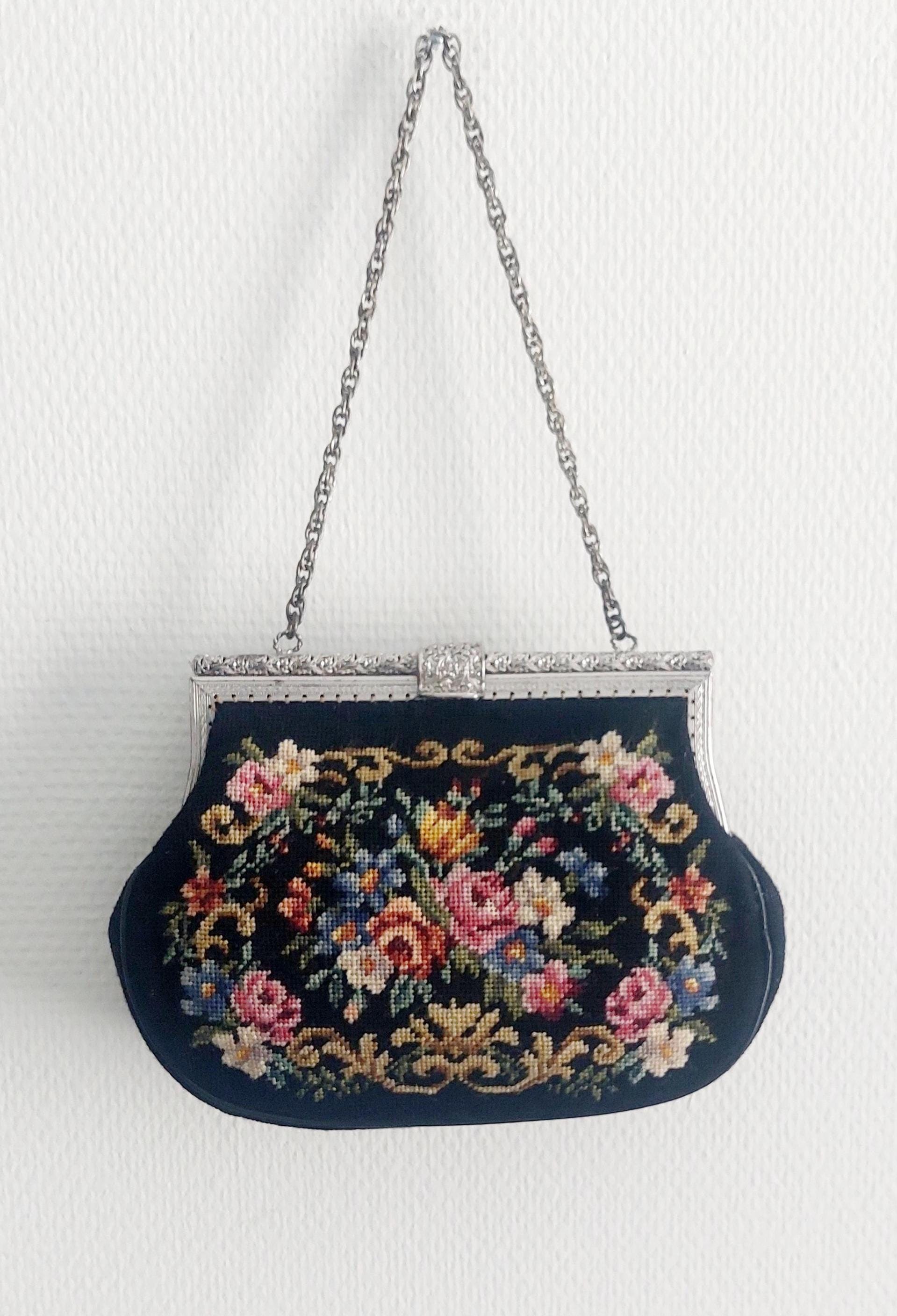 Vintage Petit Point Nadelspitze Handtasche Abendtasche Silber Farbe Rahmen & Kette 1960Er Jahre Deutschland Geschenk von hard2findstuff