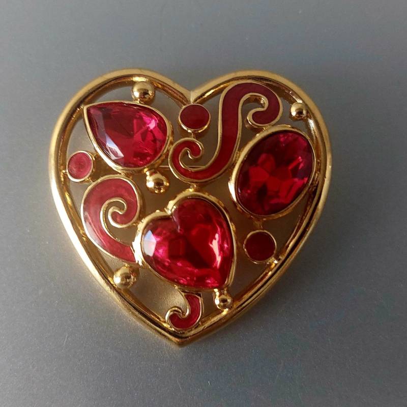 Vintage Trifari Signierte Brosche Herz Goldene & Rote Glassteine Love Valentines Geschenk 4, 5 cm X Groß Vintage Trifari Signierte Brosche Herz Goldene & Rote Glassteine Love Valentines Geschenk 4, 5 cm X Groß von hard2findstuff