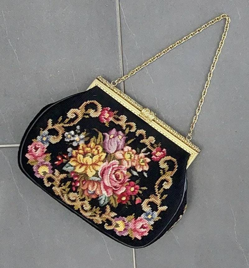 Vintage Wunderschöne Petit Point Nadelspitze Handtasche Gobelin Schultertasche Bunte Blumenmuster Unbenutzt Geschenk von hard2findstuff