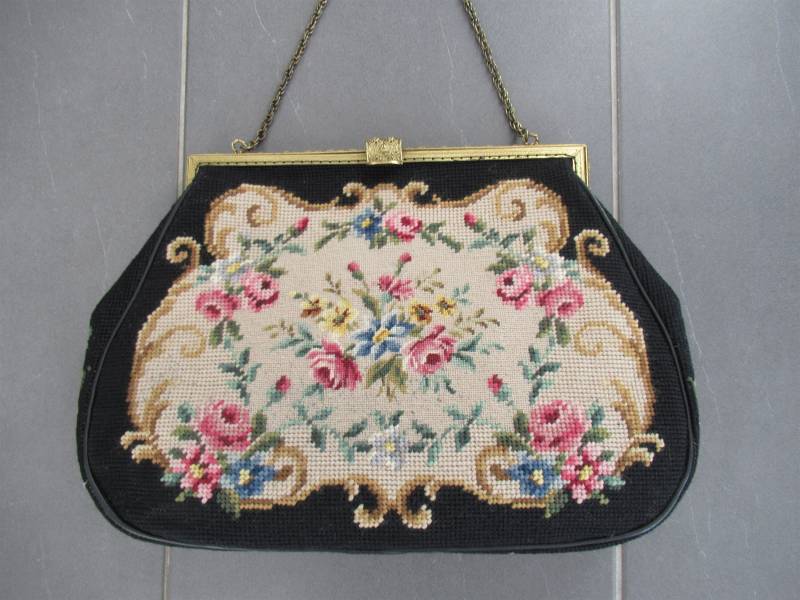 Vintage Große Nadelspitze Handtasche Gobelin Petit Point Messingkette & Rahmen Lederfutter Sehr Guter Zustand Geschenk von hard2findstuff