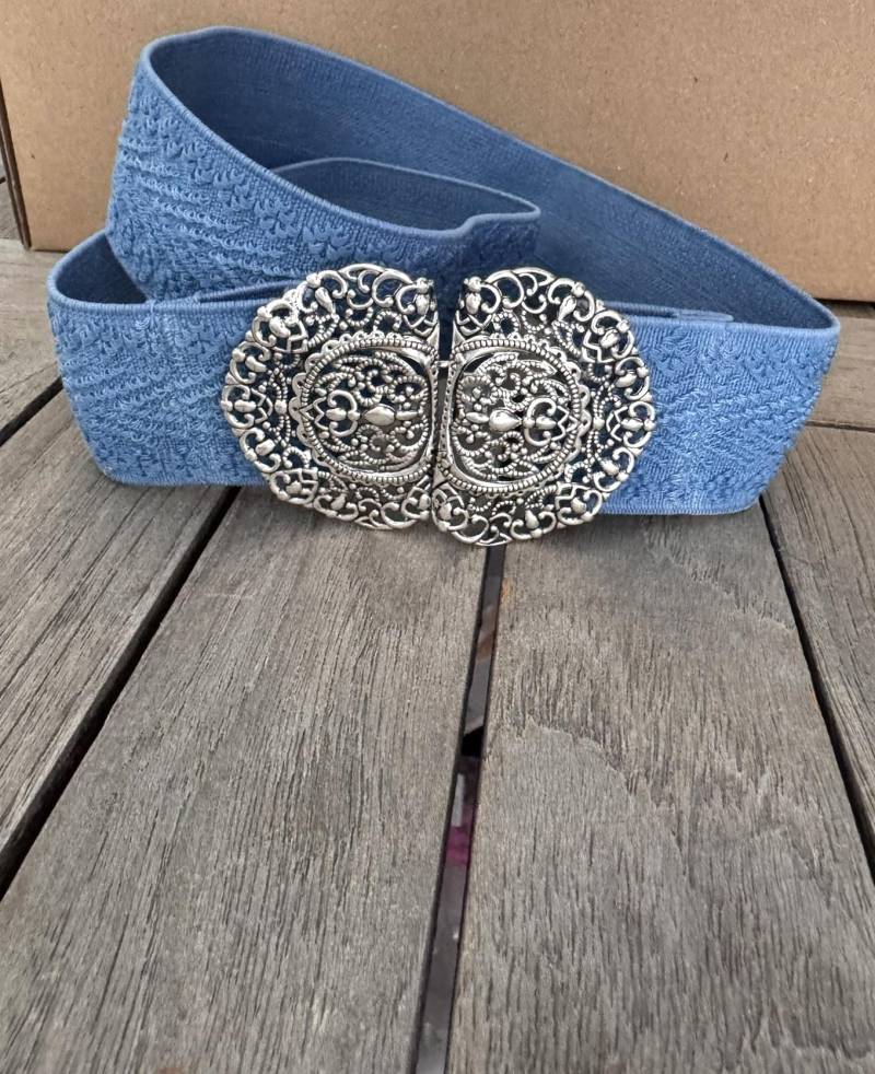 1 Stück Trachten Stretchgürtel 4 cm Blau Mit Silber Farbener Großer Trachtenschliesse von hartmannknoepfe
