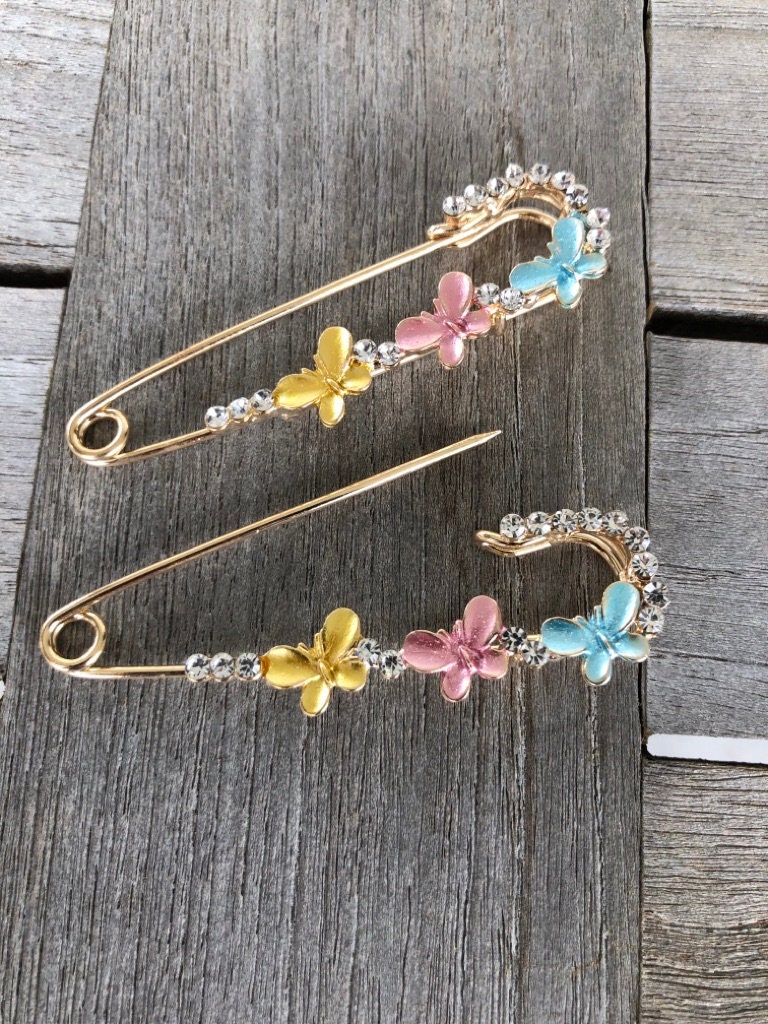 2 Stück Süße Gold Anstecknadel Mit Schmetterling Und Strass 7 cm von hartmannknoepfe