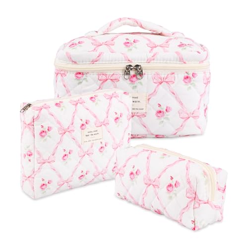 Harupink 3er Set Kosmetiktasche,Baumwolle Kulturtasche Damen Set mit Blumenmuster,Tragbare Kulturbeutel Make Up Bag Aesthetic Schminktasche Cosmetic Bag Frauen Mädchen für Alltag,Reisen (Rosa C) von harupink