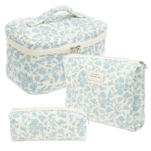 Harupink 3er Set Kosmetiktasche,Baumwolle Kulturtasche Damen Set mit Blumenmuster,Tragbare Kulturbeutel Make Up Bag Aesthetic Schminktasche Cosmetic Bag Frauen Mädchen für Alltag,Reisen(Hellblau) von harupink