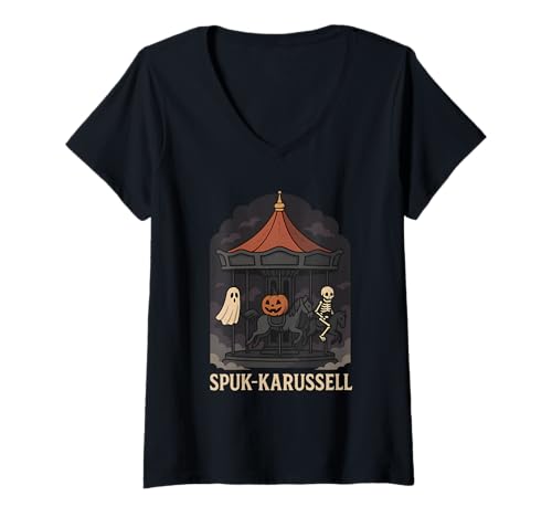 Damen Spukkarussell mit Geistern und Kürbis T-Shirt mit V-Ausschnitt Damen Spukkarussell mit Geistern und Kürbis T-Shirt mit V-Ausschnitt von haunted carousel ghost skeleton pumpkin halloween